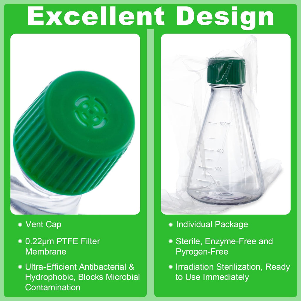 500ml Erlenmeyer Flask, Sterile, Vent Cap, Flat Bottom, PC, 2Pcs