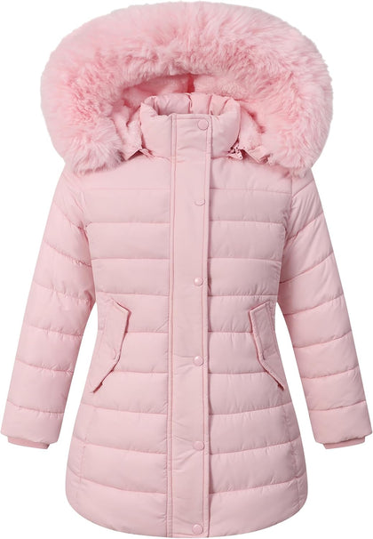 Girls Long Puffer Winter Coat Kid's Removable Hood Parka Jacket | Waterproof Polyester Outer, Soft Fleece Lined