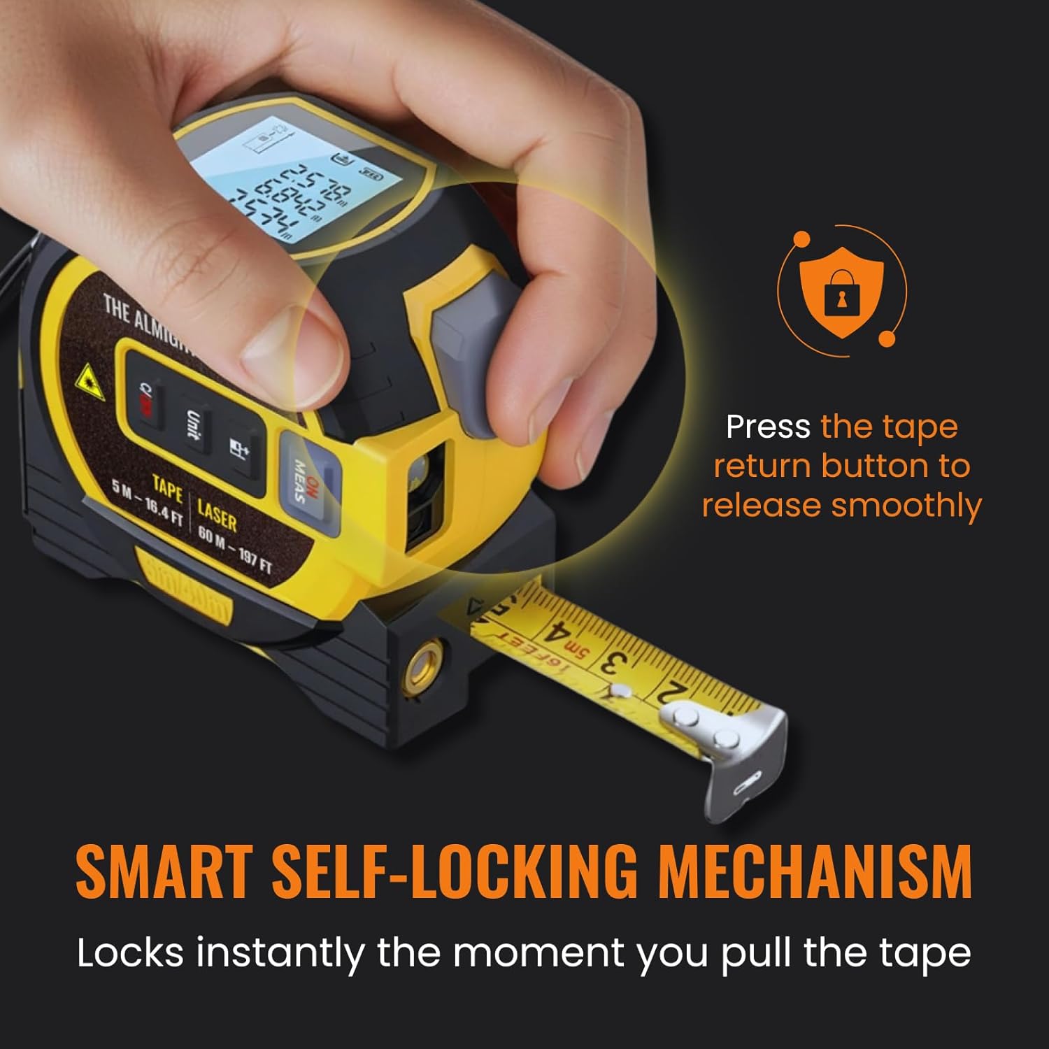 The Almighty Ruler Laser Tape Measure | Laser Distance Measurer, Heavy-Duty Tool with Cross Marking Feature, Smart