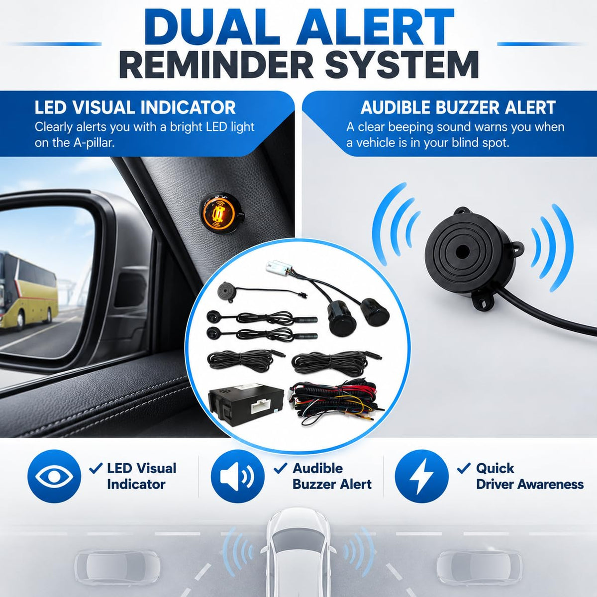 Riloer Blind Spot Sensor Ultrasonic Detection System with LED Alert Black
