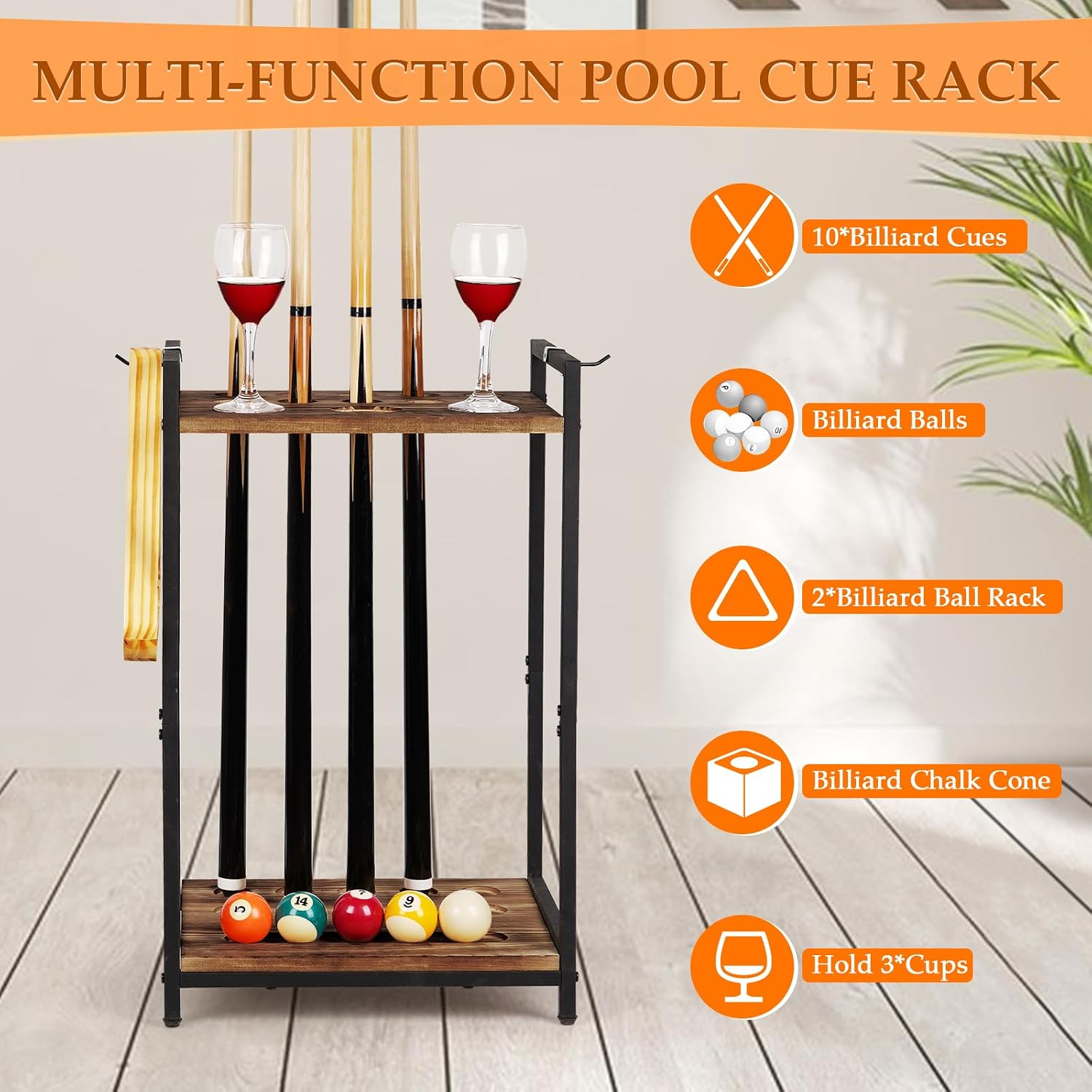 Pool Stick Holder, 10-Hole Wooden Freestanding Billiard Cue Racks Black | Cue Stick Holder for Game Room Billiard