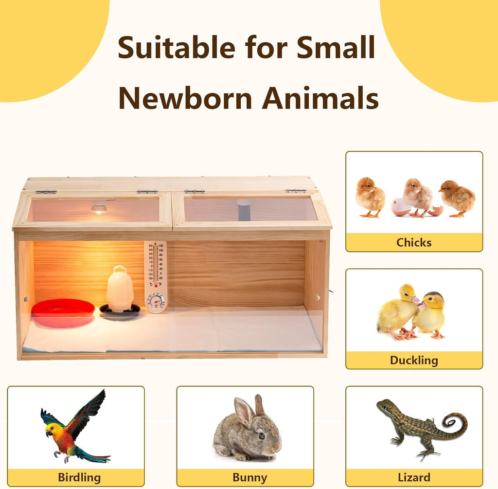 Large Wooden Chicken Brooder Box with Bulb Set and Thermometer - Brooder Box for Chicks Indoor Accommodates Up to 12
