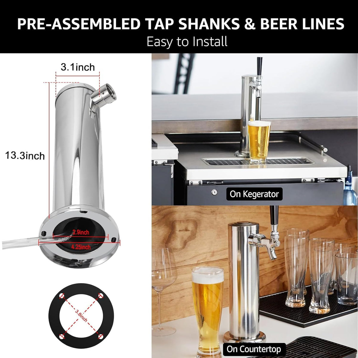 Kegerator Single Tap Tower, Pre-assembled Keg Tower with Kegerator Parts