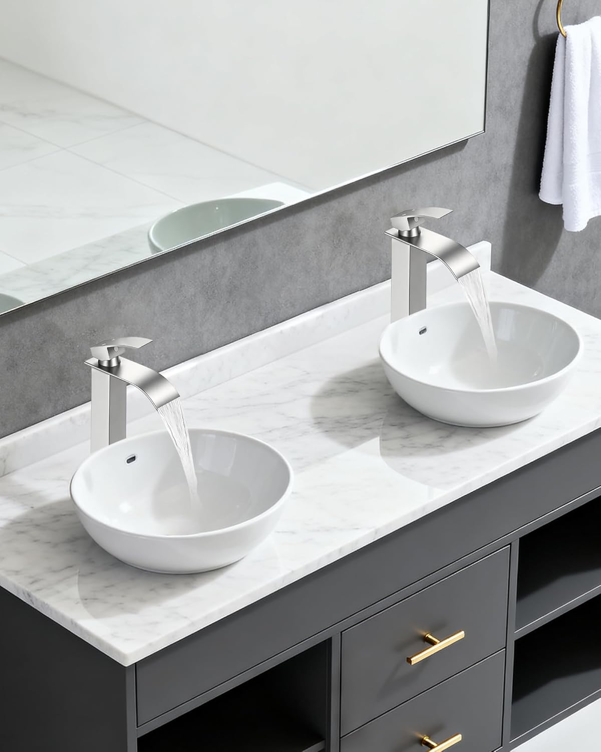 Brushed Nickel Bathroom Faucet 1 Hole Waterfall Vessel Sink Faucet