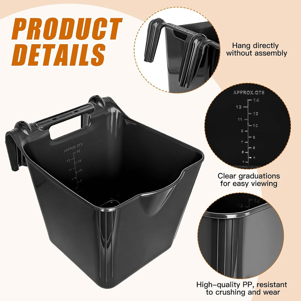15 Qt Hook-Over Plastic Livestock Horse Feed Bucket, 6-Pack, Black