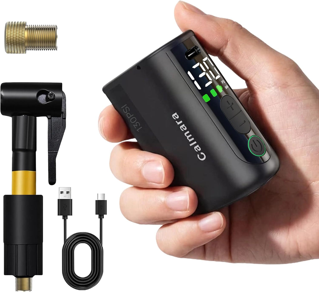 MY20 Electric Bike Pump with Gauge, 130 PSI Fast Inflate, Mini Bicycle Pump with Presta & Schrader Valve, Auto Stop
