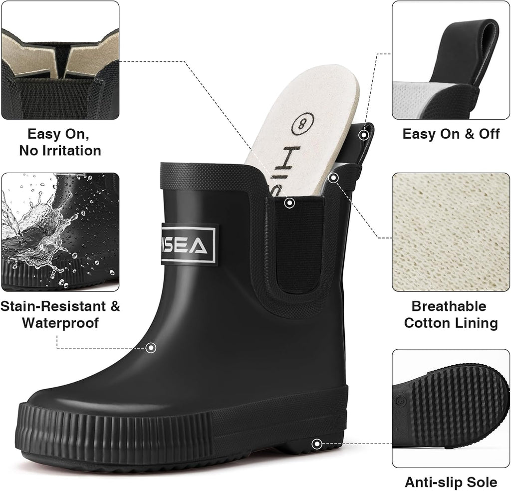 Kids Barefoot-Friendly Rain Boots, 100% Natural Rubber Waterproof Ankle Chelsea Boots with Soft Cotton Lining