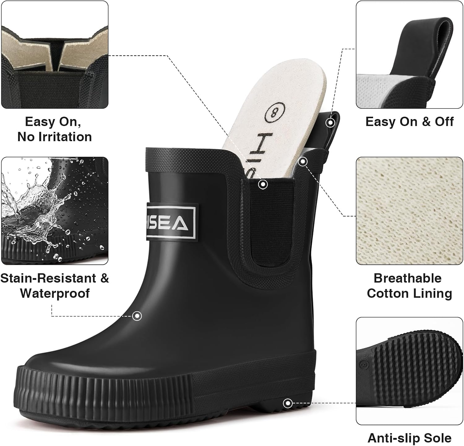 Kids Barefoot-Friendly Rain Boots, 100% Natural Rubber Waterproof Ankle Chelsea Boots with Soft Cotton Lining