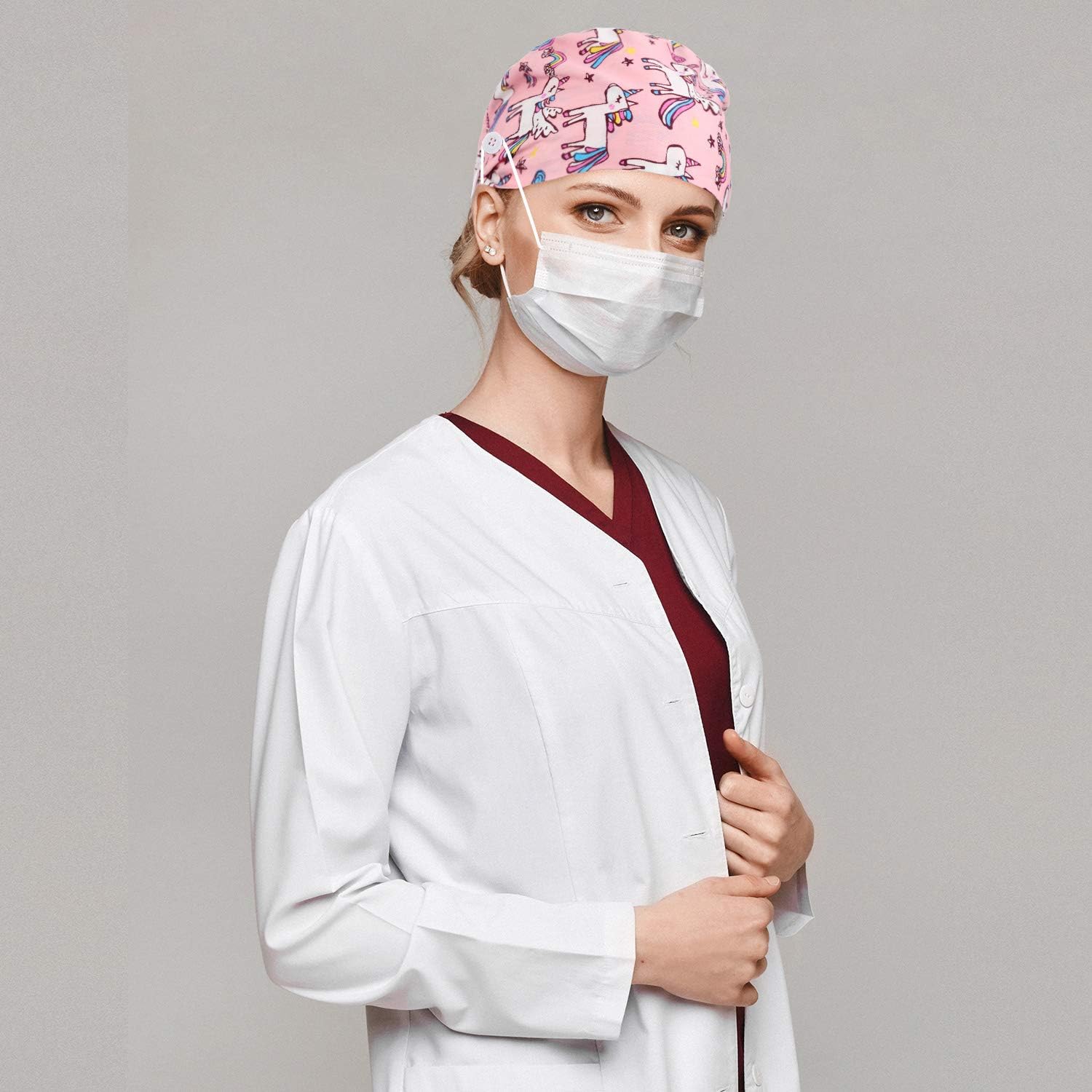 10 Pieces Women Scrub Caps Surgical Nurse Working Hats with Button and Sweatband Adjustable Elastic Nursing Bouffant