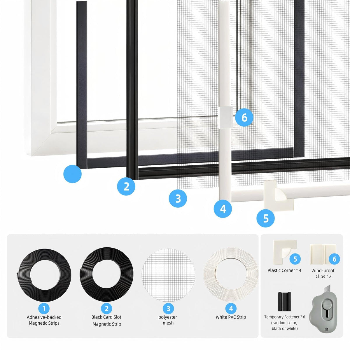 Adjustable Magnetic Window Screen Max 51" x 59", White Frame,Polyester mesh