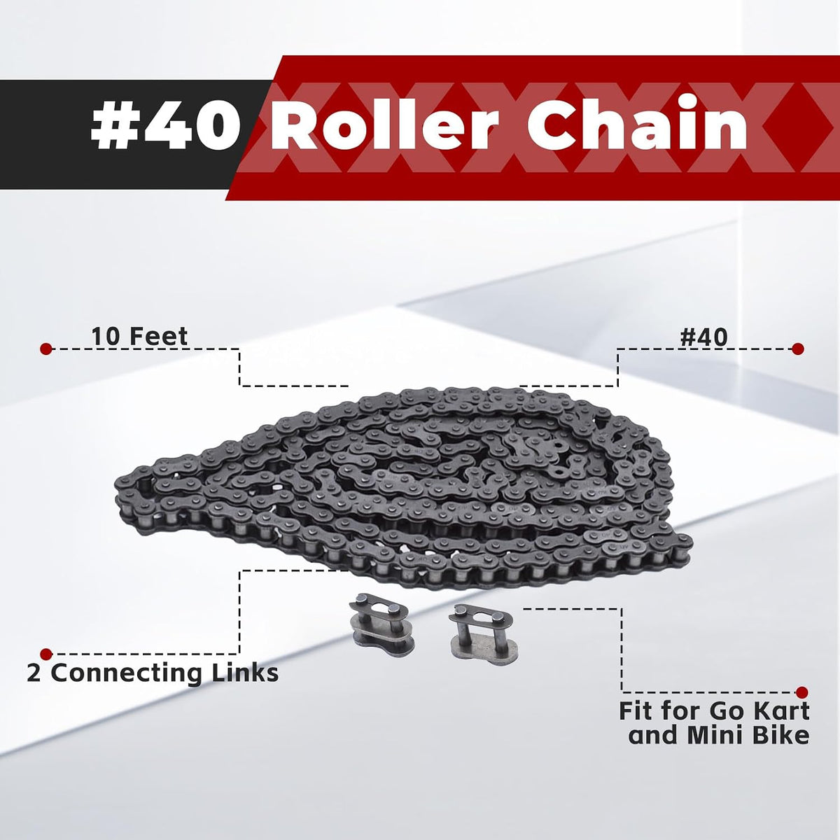findmall 40 Roller Chain 10 Feet with 2 Connecting Links