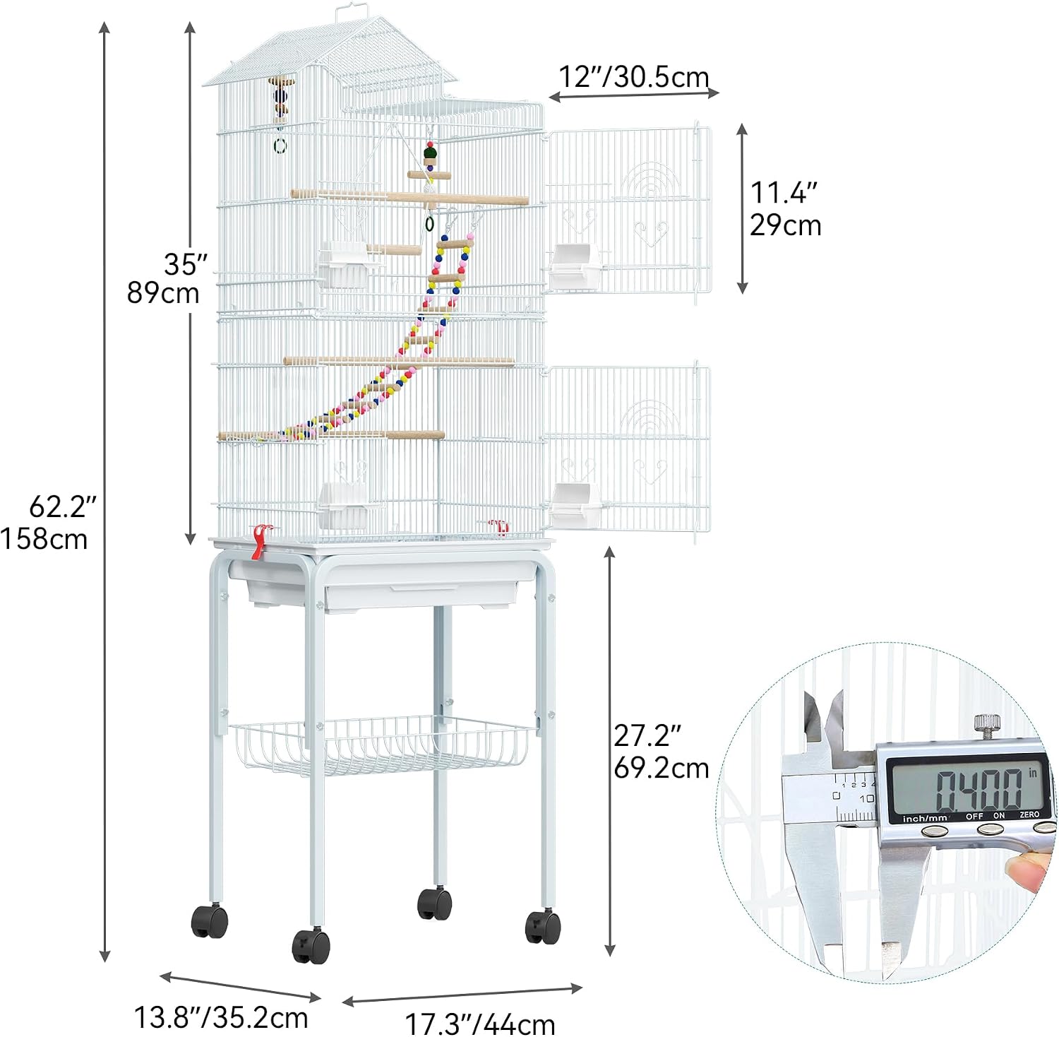 62 inch Metal Bird Cage, Large Parakeet Cages | Bird Cage for Parrot, Cockatiel, Lovebird, Pigeon with Roof Top