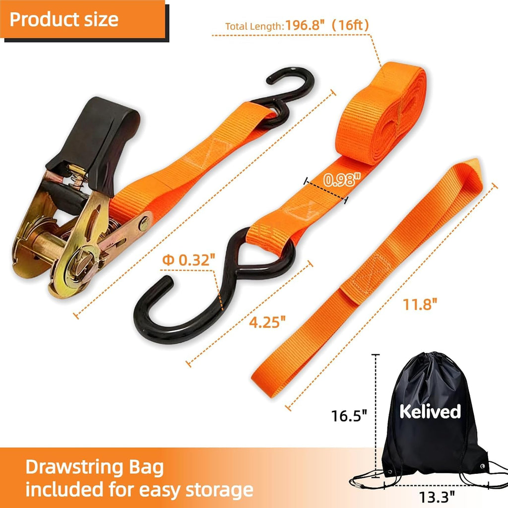 8PK Ratchet Tie Down Straps - 1in x 16feet, 1760LBS Break Strength, 8 Soft Loops, Wear-Resistant Webbing with