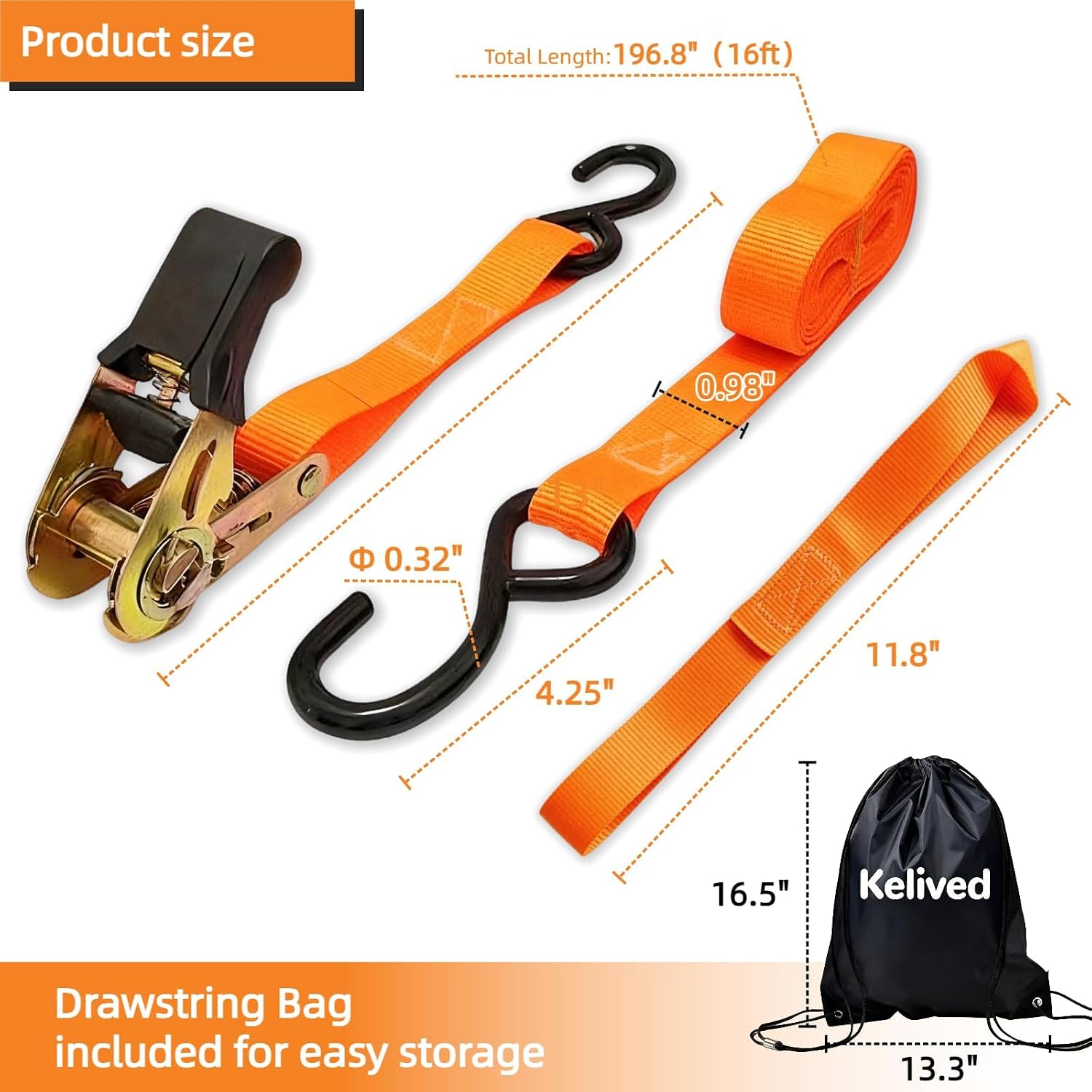 8PK Ratchet Tie Down Straps - 1in x 16feet, 1760LBS Break Strength, 8 Soft Loops, Wear-Resistant Webbing with