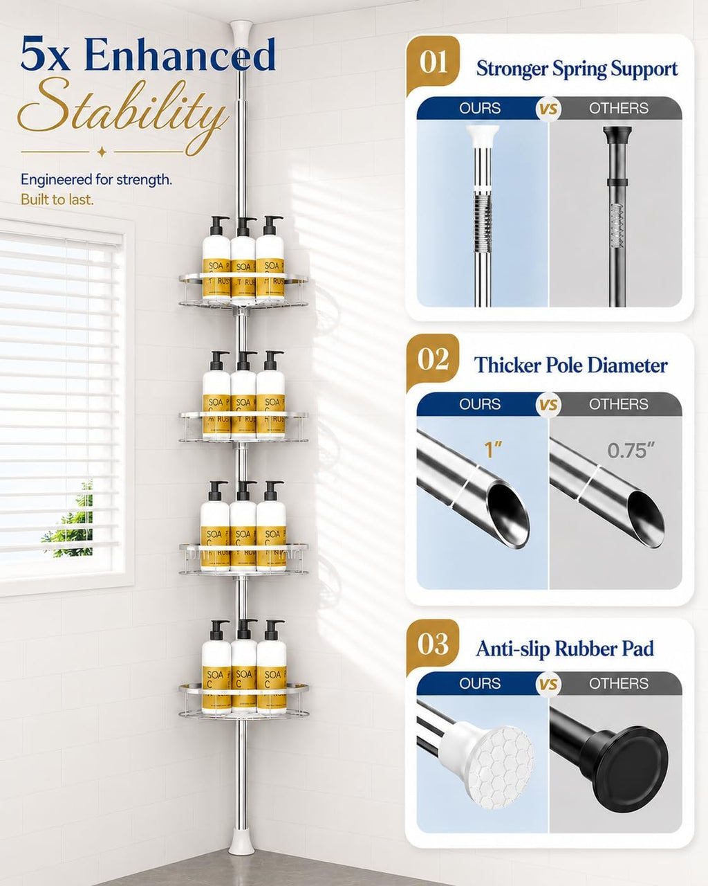Rustproof Shower Corner Caddy Organizer for Bathroom, 4 Adjustable Shelves with Tension Pole