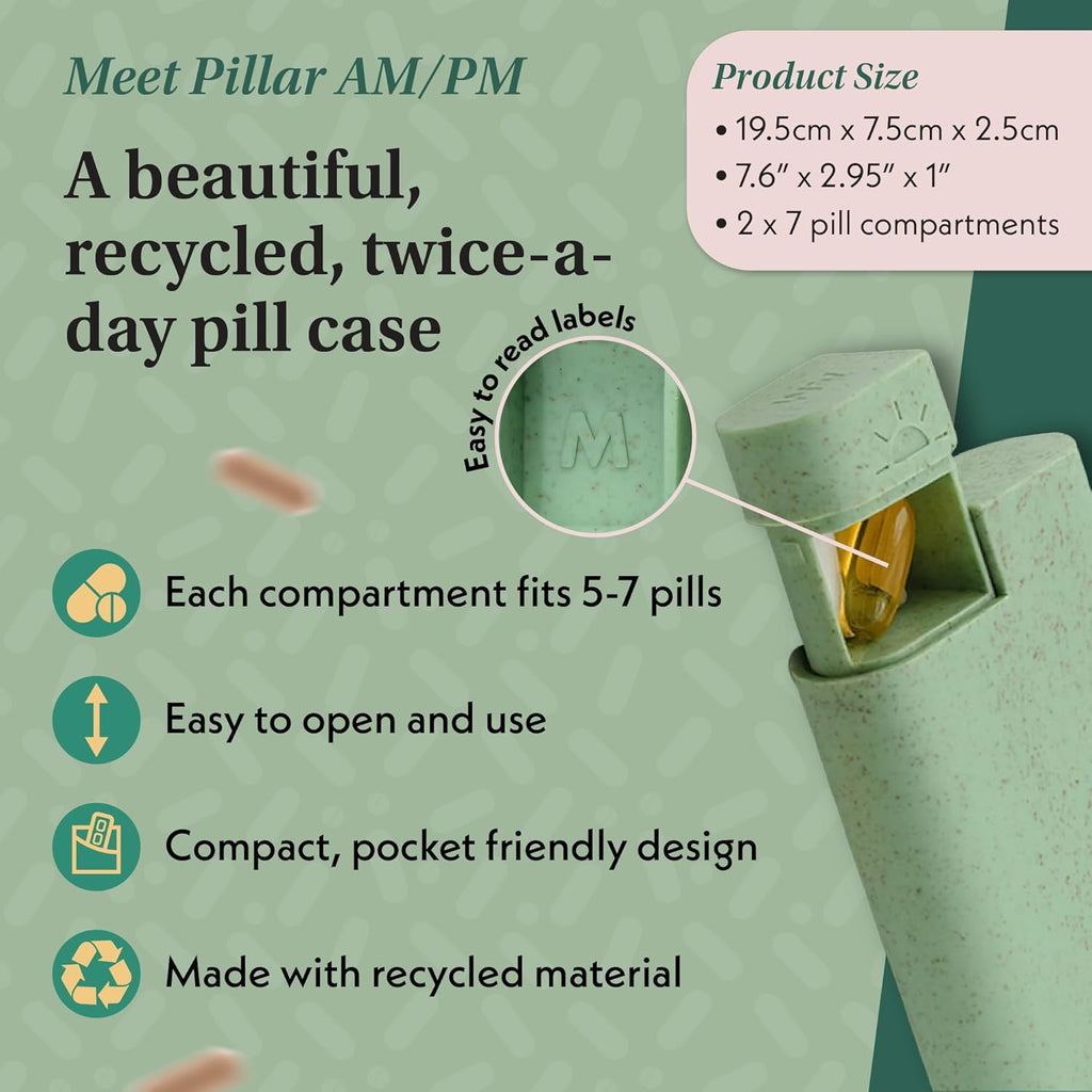 Pillar AM/PM Pill Box Organizer Two Times a Day | Aesthetic 7 Day Tablet Organizer 2 Times A Day | Beautiful Weekly