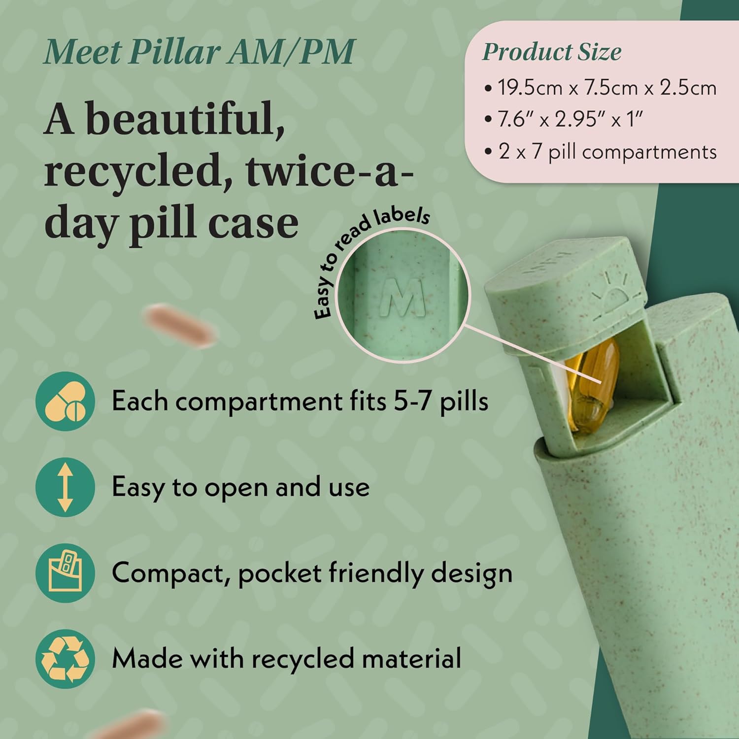 Pillar AM/PM Pill Box Organizer Two Times a Day | Aesthetic 7 Day Tablet Organizer 2 Times A Day | Beautiful Weekly