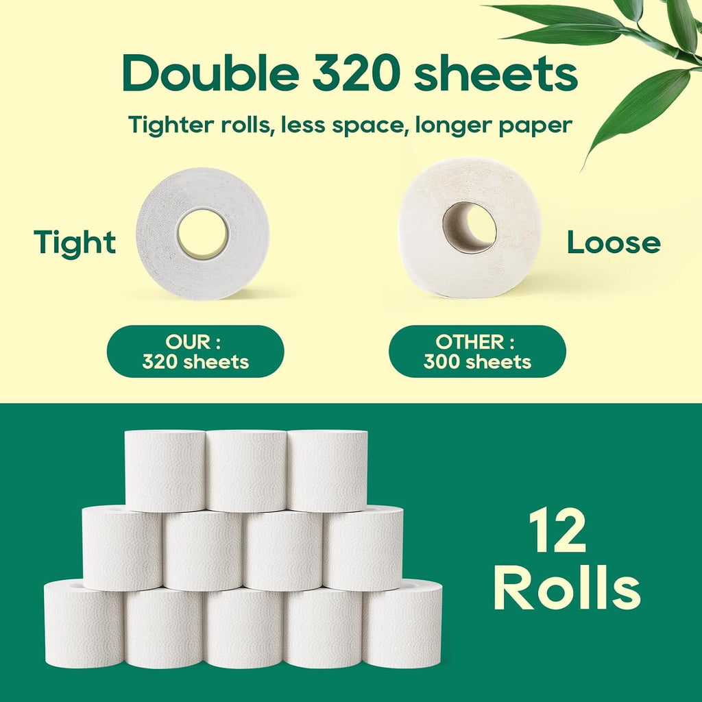 Bamboo Toilet Paper 3 Ply, 12 Rolls, 320 Sheets Per Roll, White