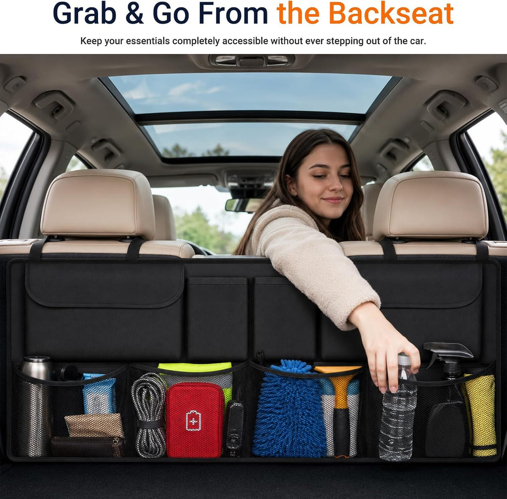 Car Trunk Organizer, Large Capacity Backseat Trunk Storage Organizer with 8 Pockets, Foldable SUV Cargo Organizer for
