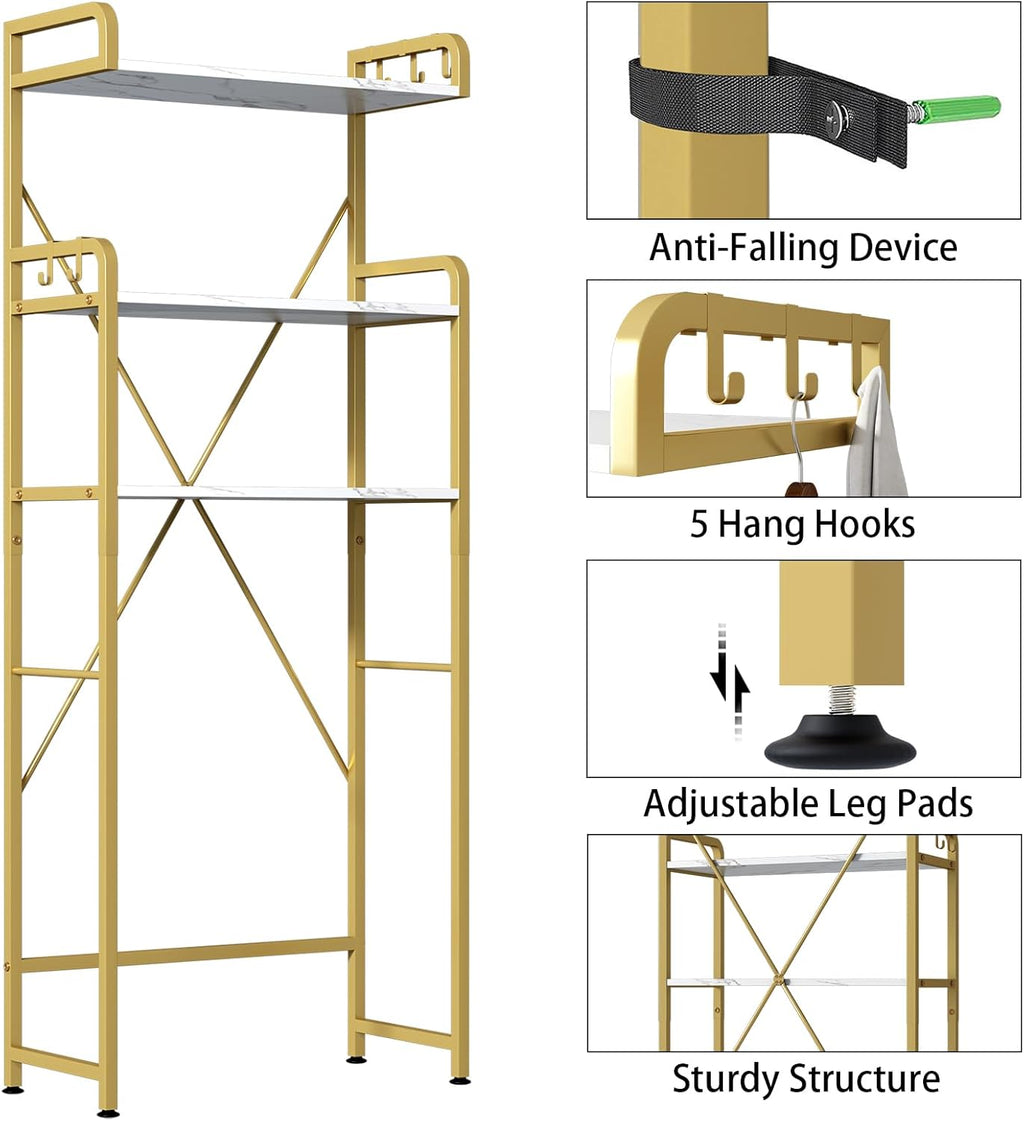 Over The Toilet Storage Rack with 3-Tier Shelves, Space Saver Toilet Shelf, Laundry Organizer with Hooks for Over