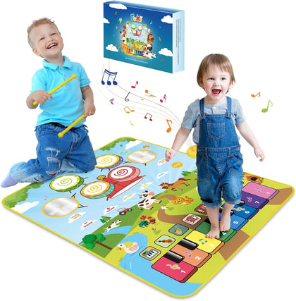 Musical Toys for Toddlers 1-3, Floor Piano Mat for Baby Boy Girl Gifts | 35”x27” 3-in-1 Drum Animal Music Play Mat