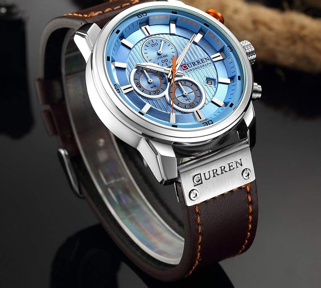 Men Chronograph Sport Watches Brown Leather Strap Quartz Watch | Business Casual Wrist Watch for