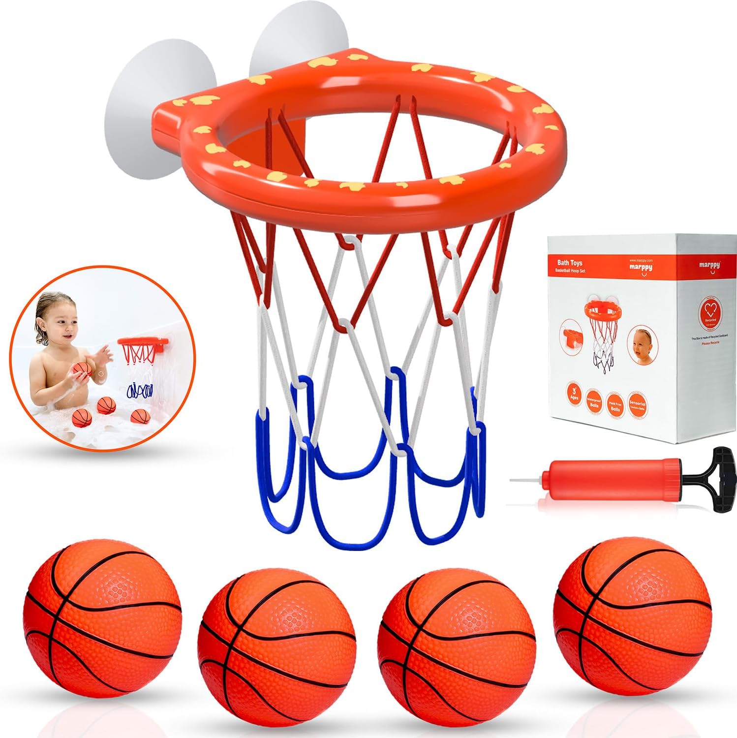 Bath Toys - Bathtub Basketball Hoop for Toddlers Kids with 4 Mold-Free Balls & Strong Suction Cup Basketball Hoop |