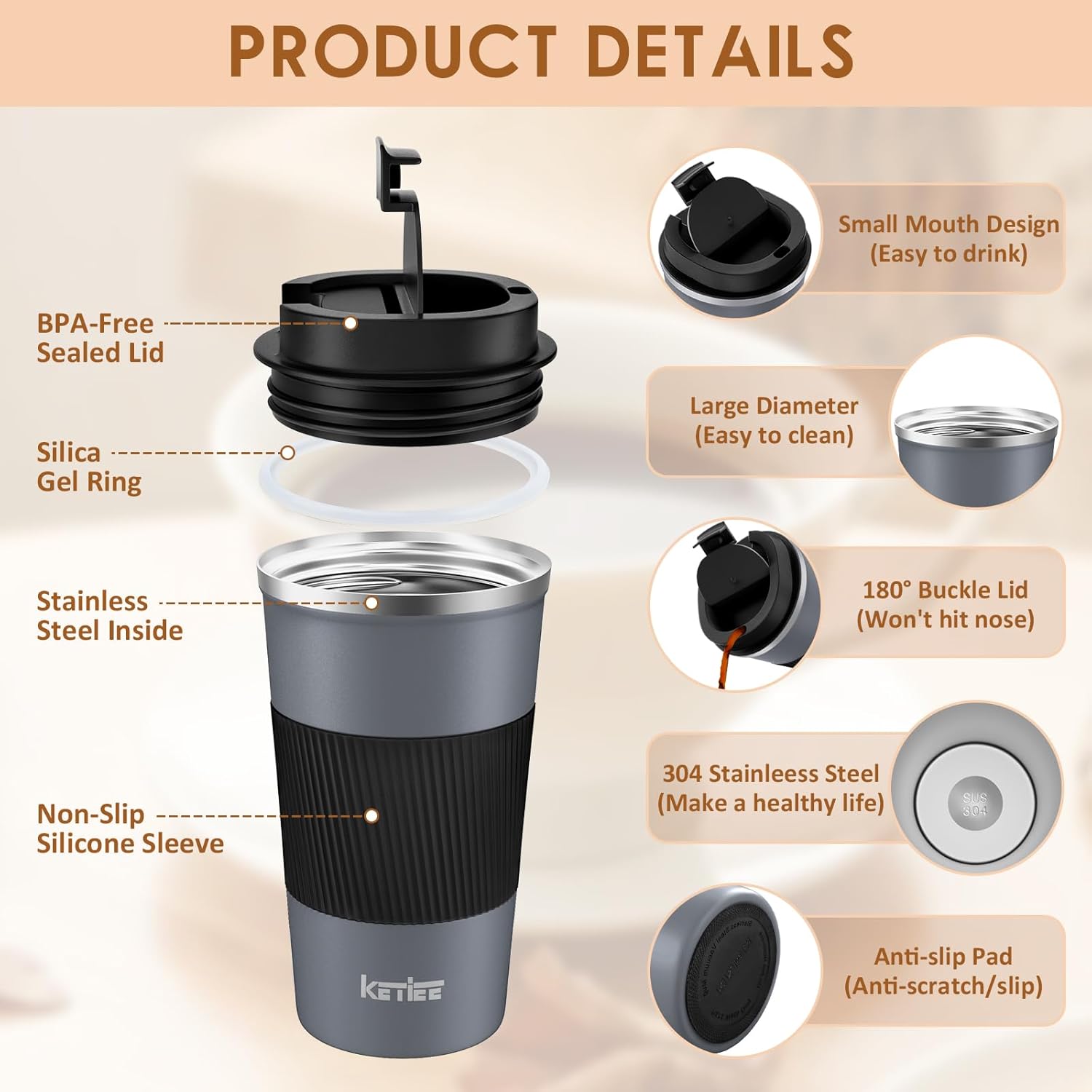 Travel Coffee Mug Spill Proof 12oz, Insulated Reusable Coffee Cups with Seal Lid, Vacuum Stainless Steel Travel Mug