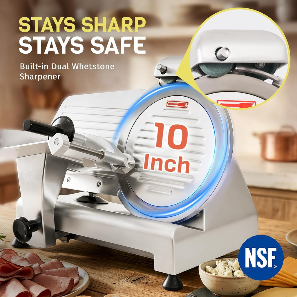 Commercial Meat Slicer 320W, 10" Blade, 1-12mm Adjustable, NSF Certified