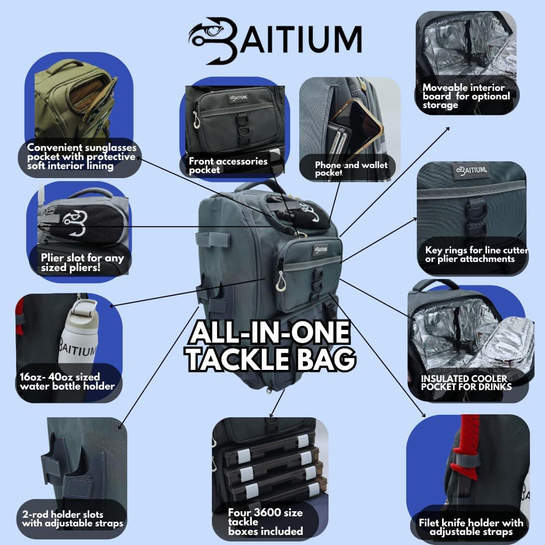 Fishing Backpack, Tackle Bag With Rod Holders, 40L Capacity With Cooler, Rain Cover, Insulated Pocket, 4 Tackle Trays