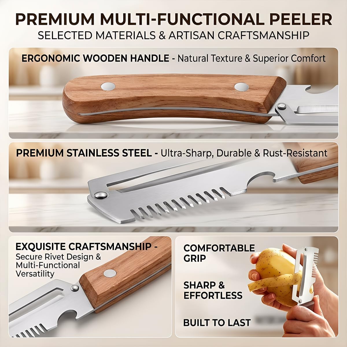 2-Pack Premium Vegetable Peeler with Wooden Handle and Bottle Opener, Multi-Functional Vegetable Peeler for Kitchen