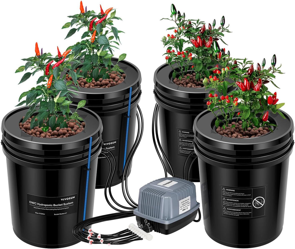 DWC Hydroponics Grow System with Top Drip Kit 4 Buckets | 5-Gallon Deep Water Culture, Recirculating Drip Garden