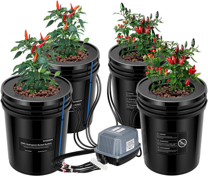 DWC Hydroponics Grow System with Top Drip Kit 4 Buckets | 5-Gallon Deep Water Culture, Recirculating Drip Garden
