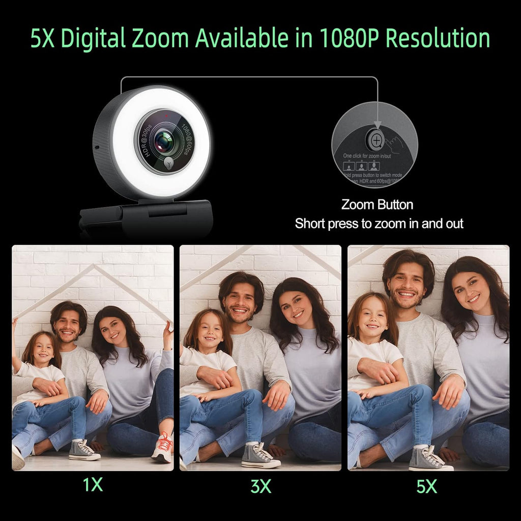 1080p Webcam with Ring Light for Streaming: USB 60FPS Web Camera with Microphone-HDR-Enabled-HD Auto Light Correction