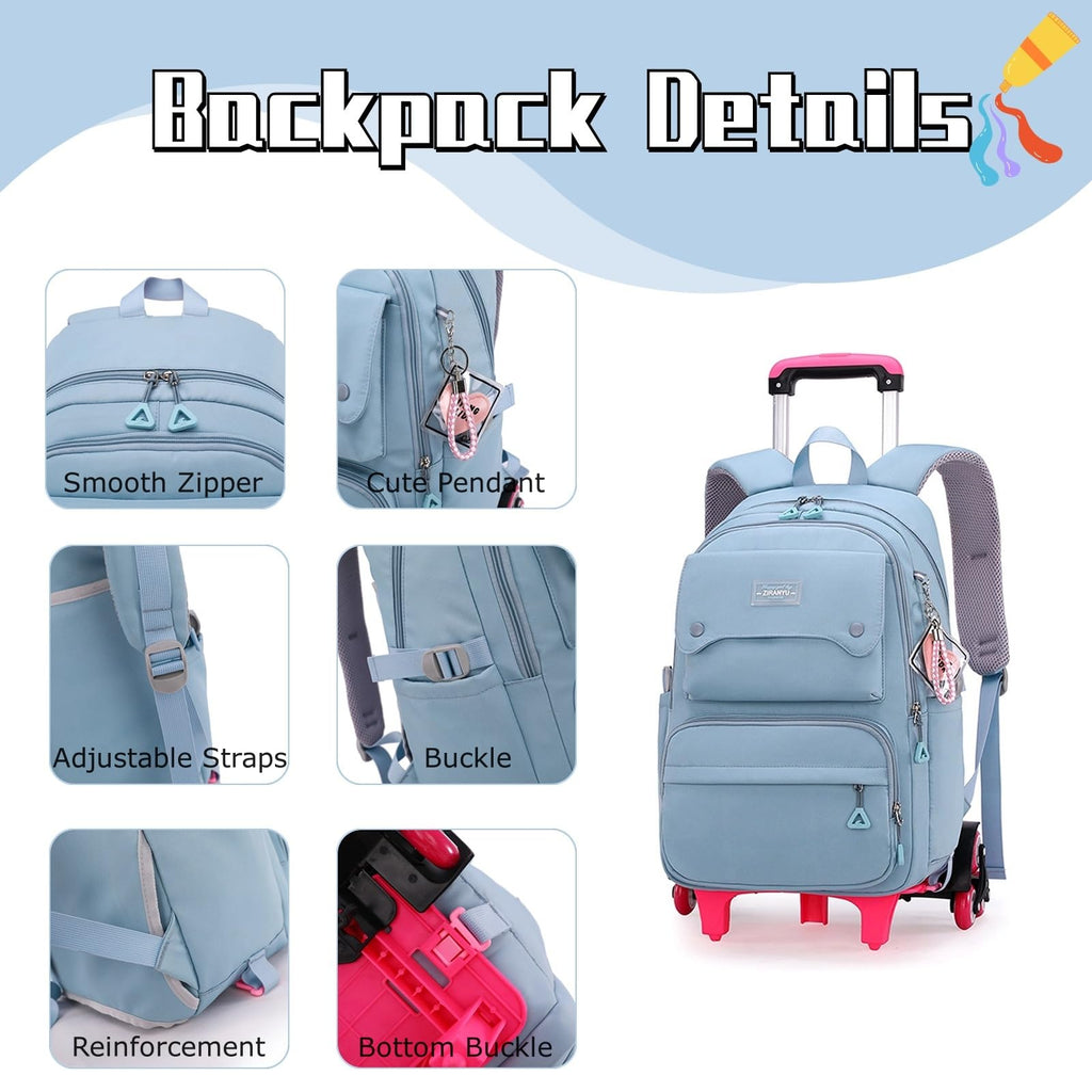 Solid Color Girls Rolling Backpack with Wheels Schoolbag Elementary School Student Trolley Daypack