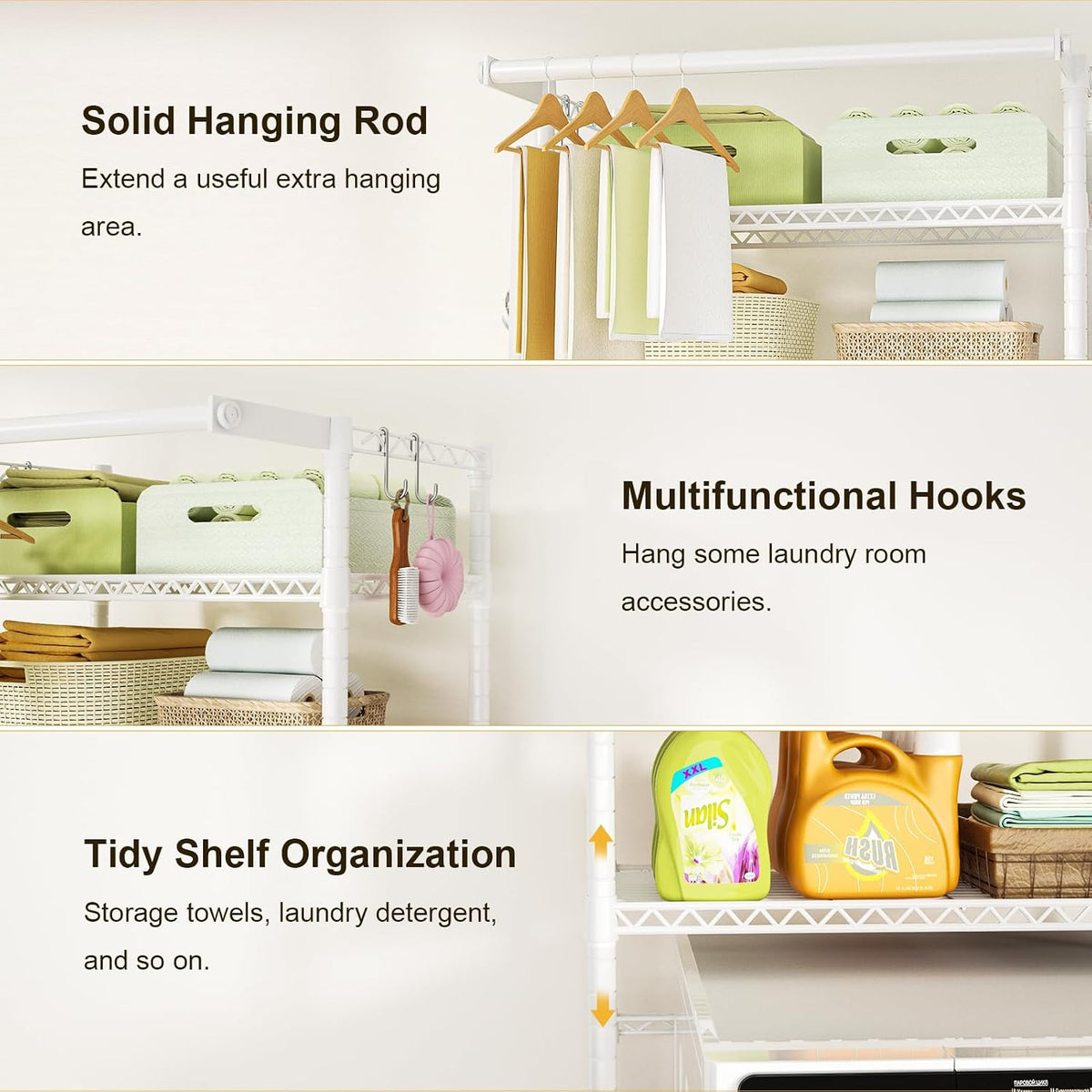 U11 Over Washer and Dryer Shelves, 3 Tiers Laundry Room Storage and Organizer Standing Shelf, Metal Freestanding