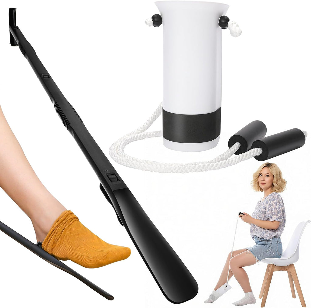 Sock Aids for Putting On Socks Kit - (Sock Helper + 35 Inch Dressing Stick with Sock Remover & Shoe Horn) - Flexible
