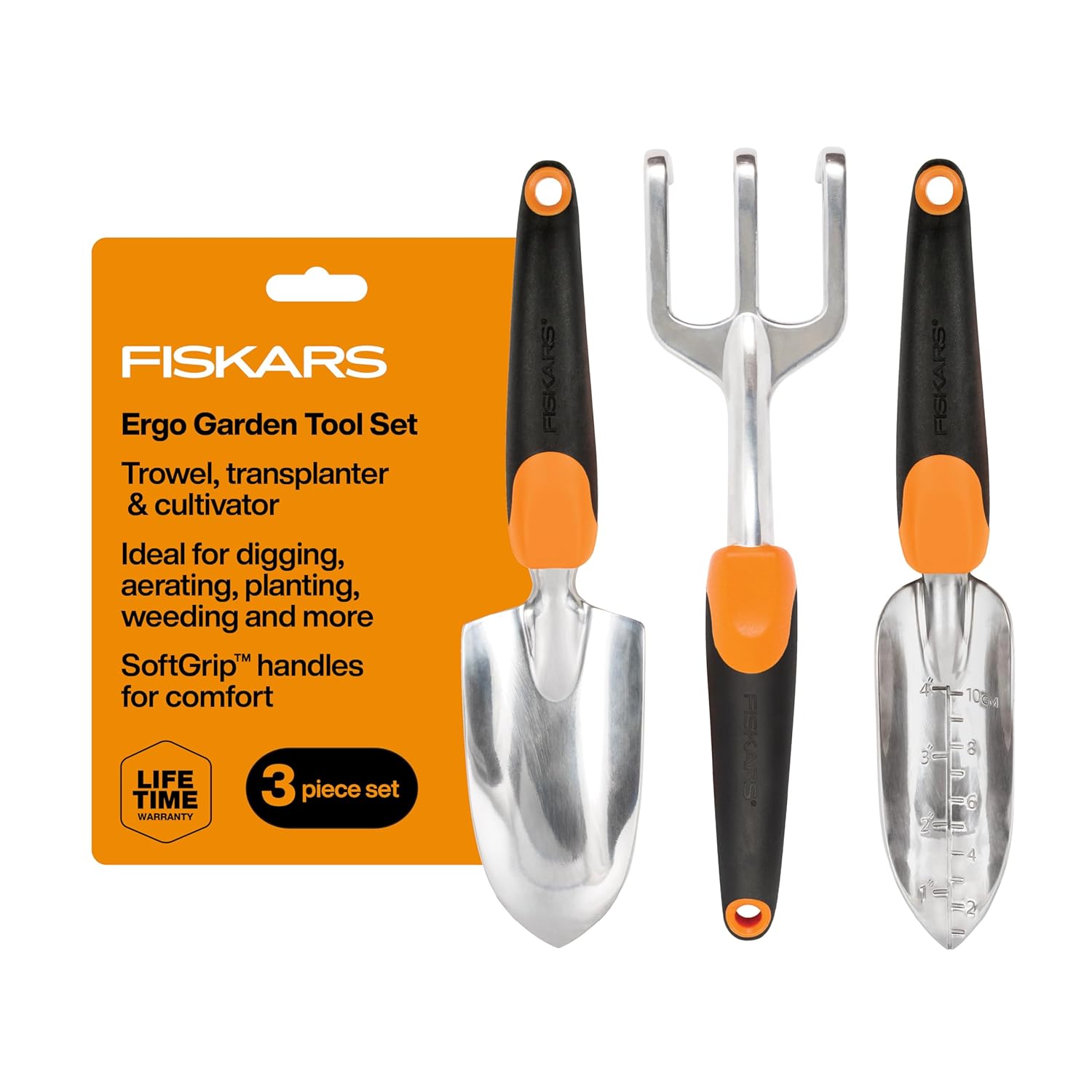 Fiskars 3-in-1 Garden Tool Set, Polished Cast-Aluminum Heads for Rust Resistance, Heavy-Duty Trowel, Transplanter &