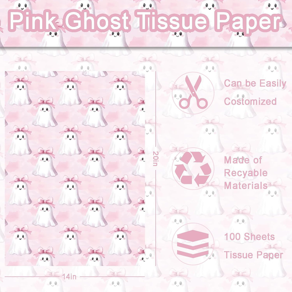 100 Sheets Boho Ghost Tissue Paper, 20x14'' Halloween Ghosts Wrapping Paper