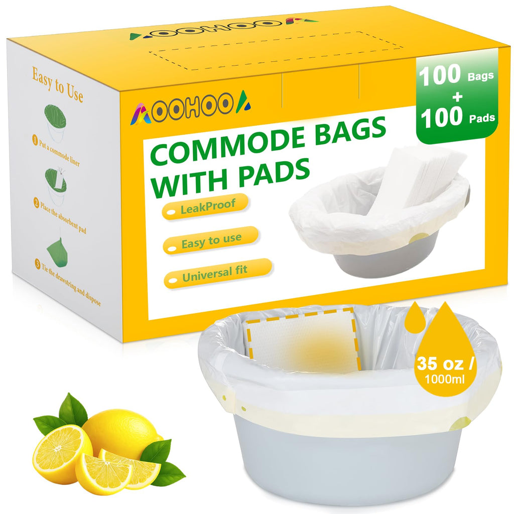 Bedside Commode Liners with Pads, 100 Bags + 100 Pads
