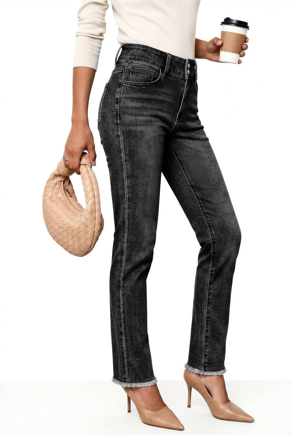 Womens High Waisted Skinny Jeans Double Button Denim Pants