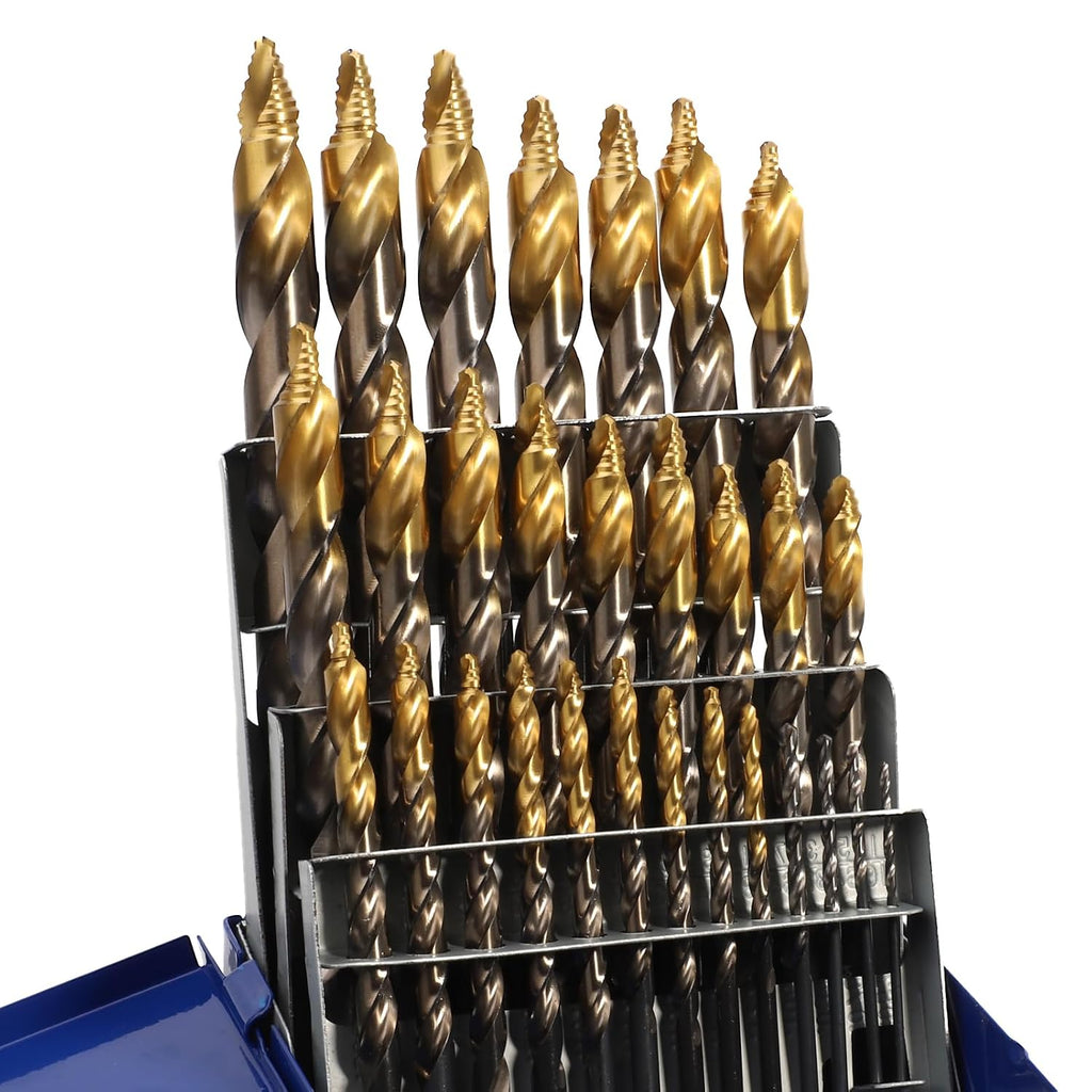29 Pcs M2 High Speed Steel Stepped Point Drill Bit Set with Titanium Coated, 1/16"-1/2" by 64ths Drill Bits, Step Bits Set for Iron, Stainless Steel, Metal, Wood, and Plastic