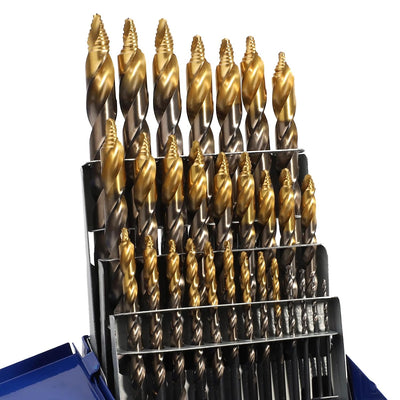 29 Pcs M2 High Speed Steel Stepped Point Drill Bit Set with Titanium Coated, 1/16"-1/2" by 64ths Drill Bits, Step Bits Set for Iron, Stainless Steel, Metal, Wood, and Plastic