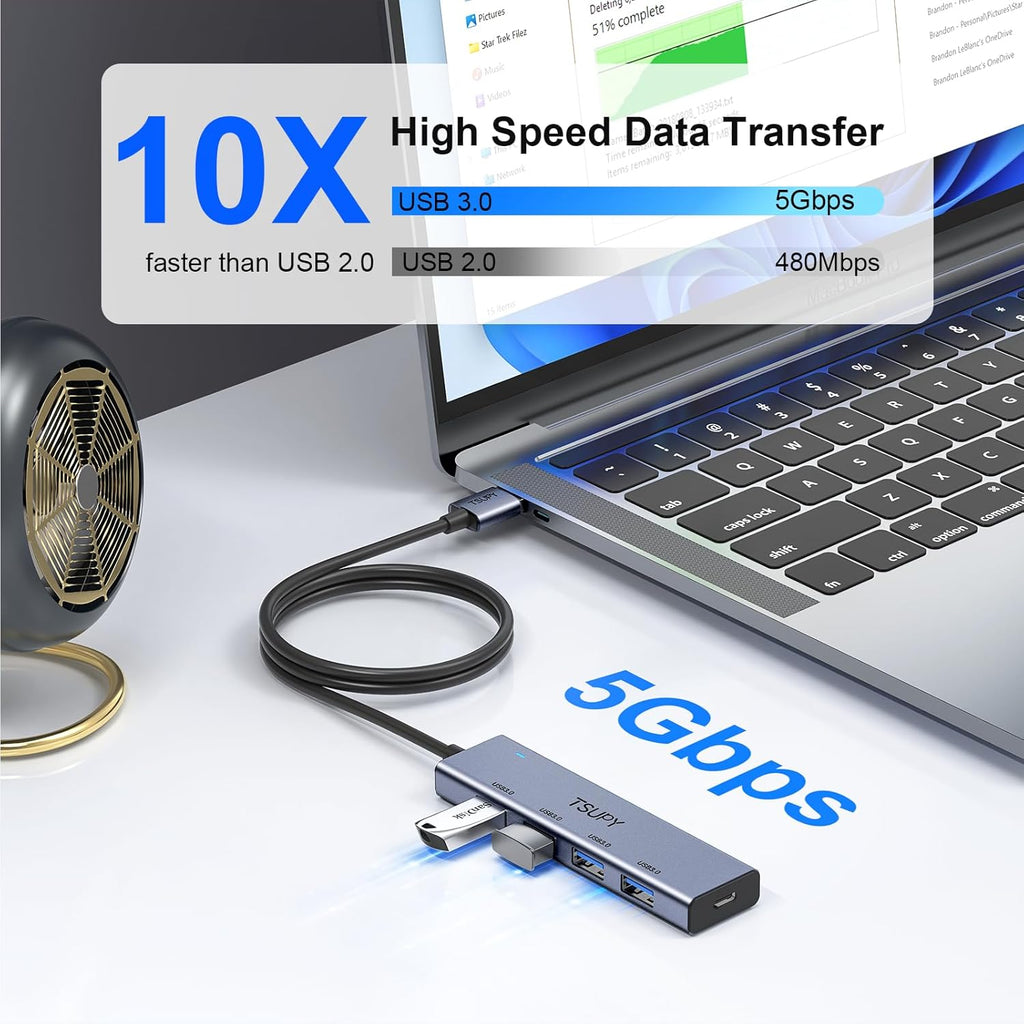 USB 3.0 HUB, TSUPY USB Splitter with 5 USB Ports and 4ft Extended Cable,Ultra-Slim Aluminium Data Hub Multi USB 3.0
