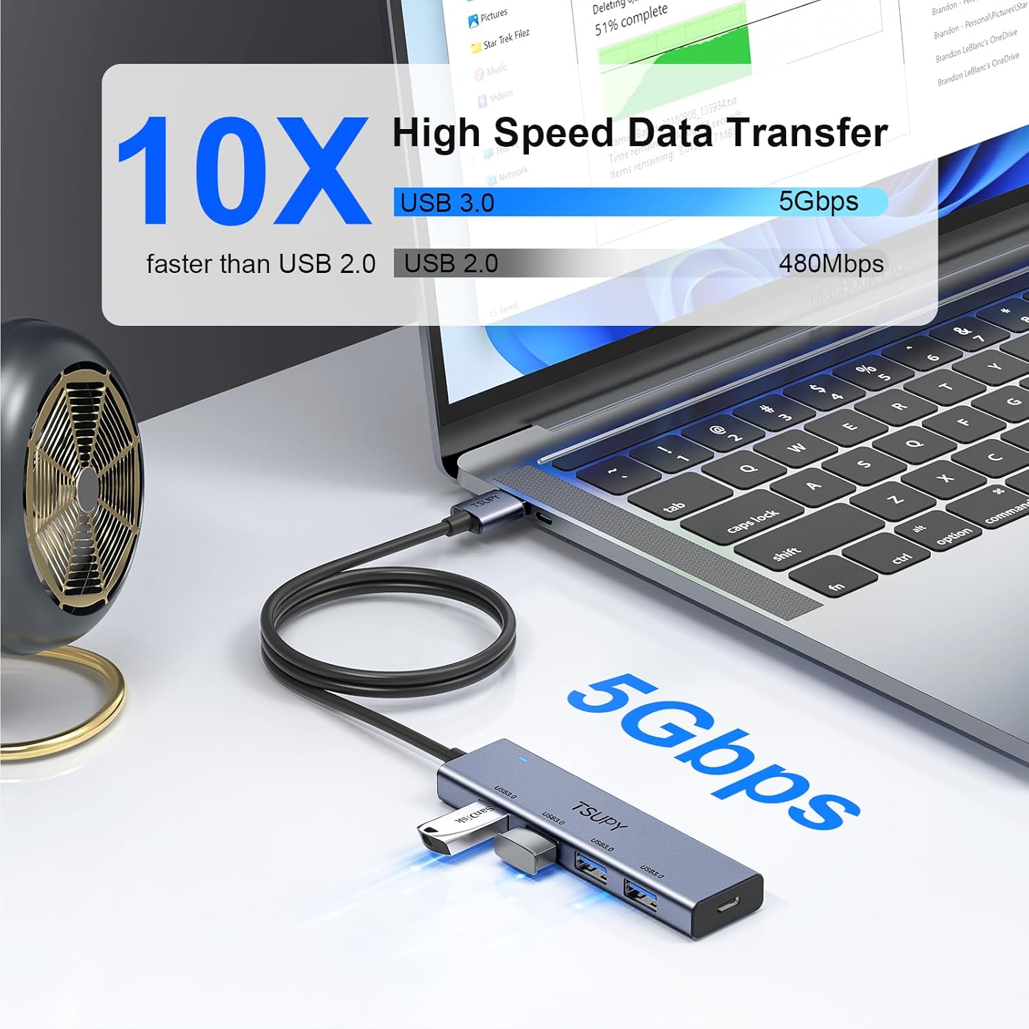 USB 3.0 HUB, TSUPY USB Splitter with 5 USB Ports and 4ft Extended Cable,Ultra-Slim Aluminium Data Hub Multi USB 3.0