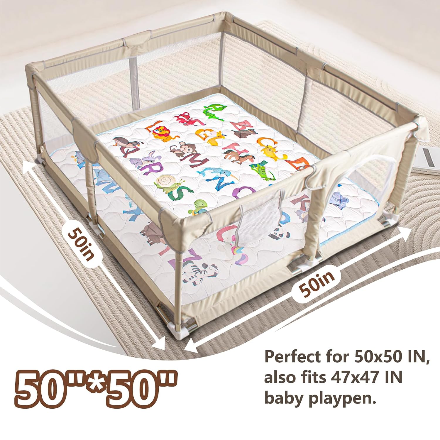 Baby Play Mat, 50x50 Playpen Mat with Machine Washable | Activity Mat with Upgraded Anti-Slip Bottom, Super Soft