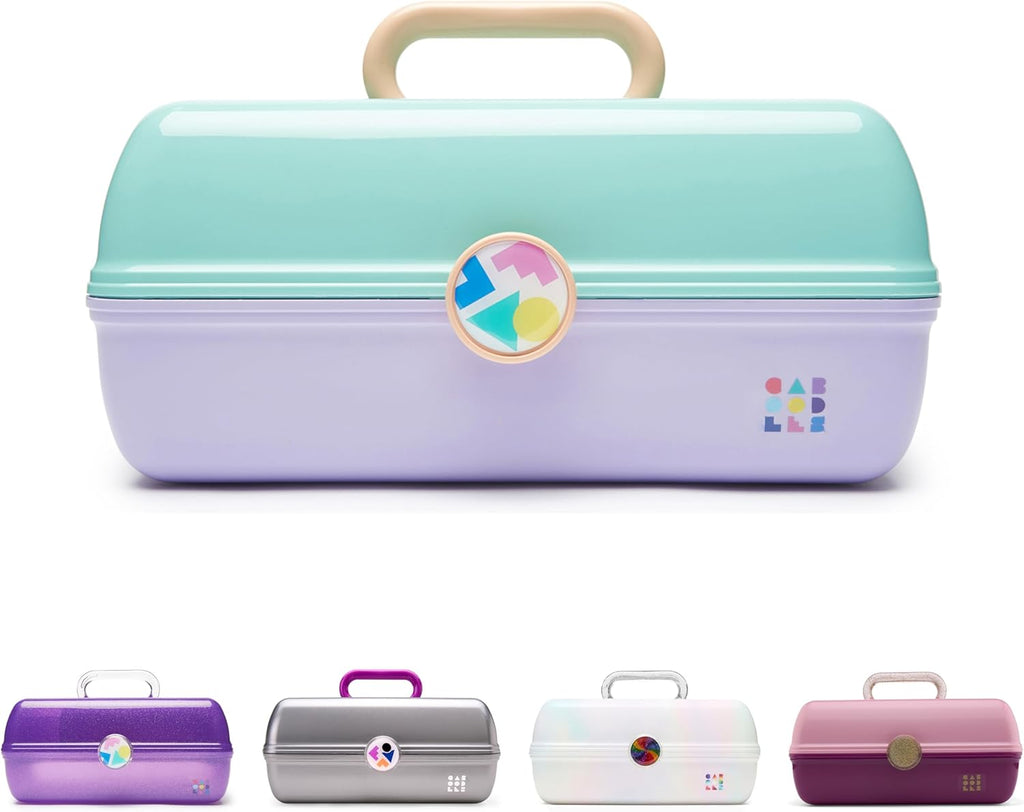 On-The-Go Girl Makeup Box, Seafoam on Lavender, Hard Plastic Makeup Organizer Box, Built-In Mirror, Secure Latch for