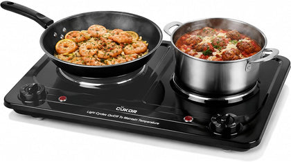 Double Burner Electric Hot Plate, 1800W Electric Cooktop with 2 Cast Iron Heating Plates, Independent Temperature