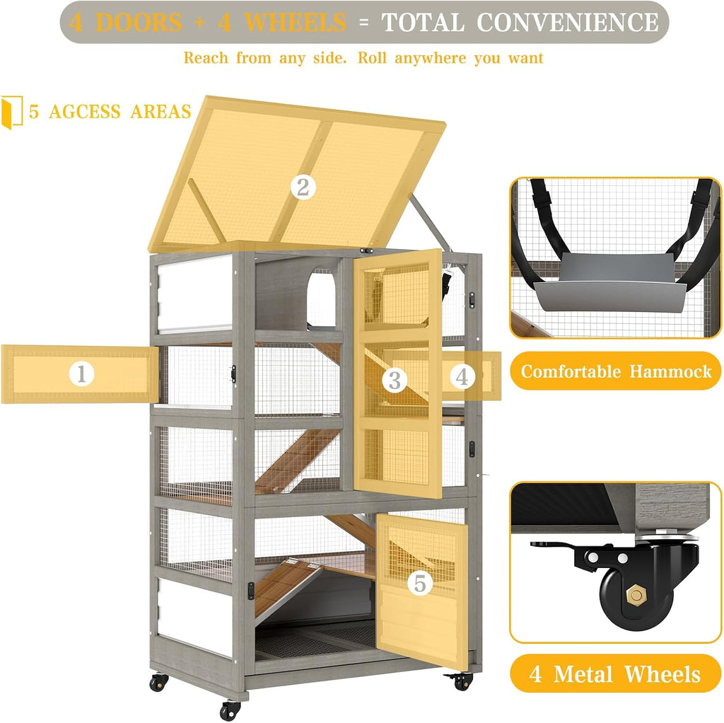 5-Tier Guinea Pig Cages on Wheels, Wooden Chinchilla Cage | Wooden Small Animal Habitat with Ramp, Hammock, Pull-Out