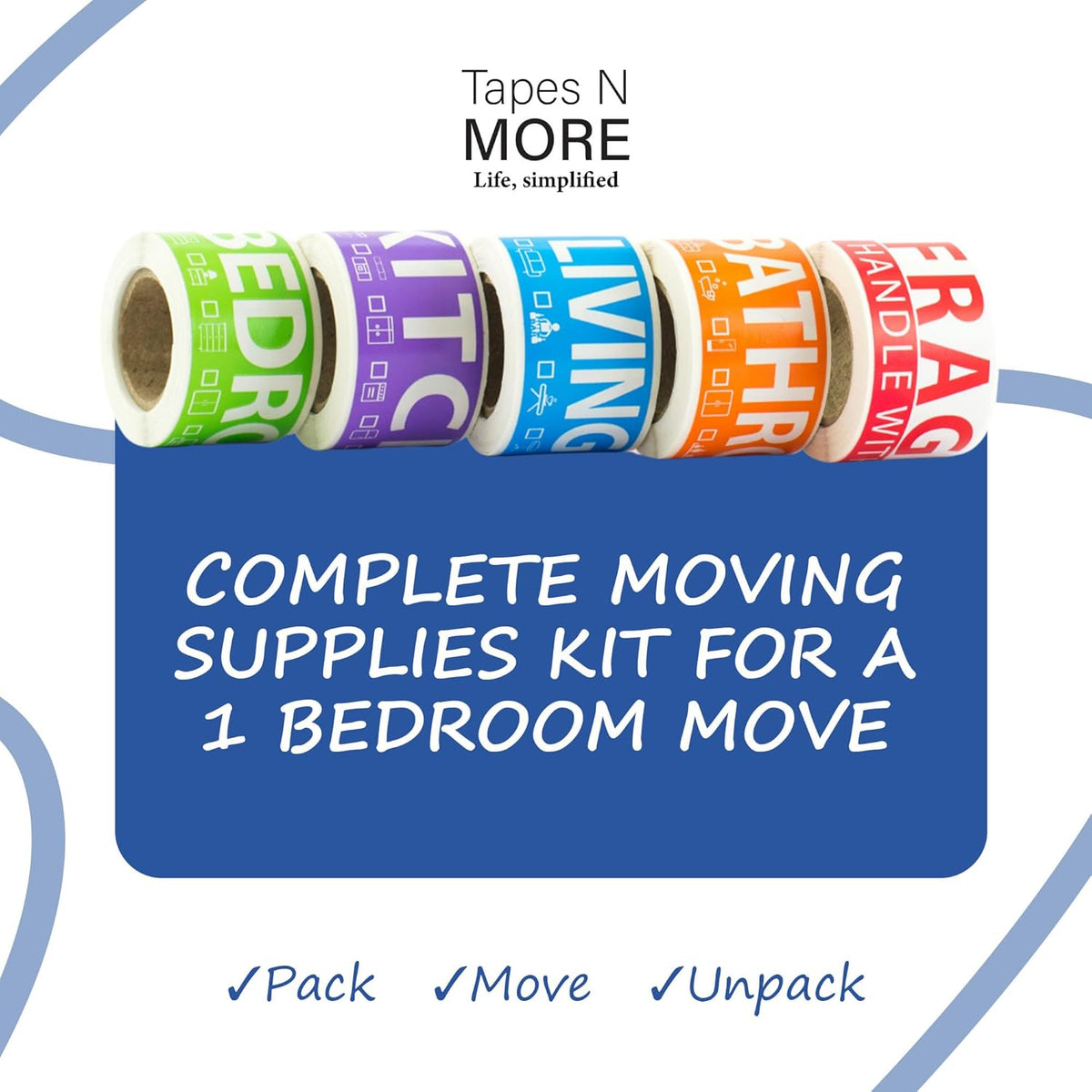 250 Home Moving Labels for 1 Bedroom — 5 Color-Coded Room Labels (50 Each) + Fragile Stickers for Moving Boxes